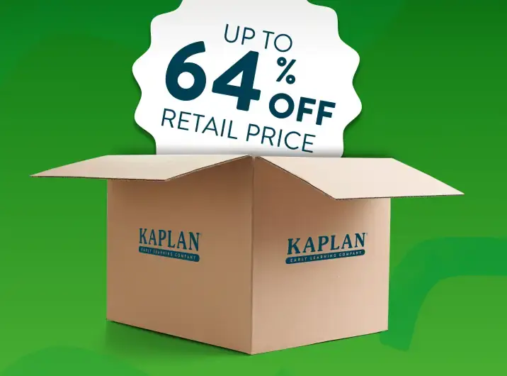 Kaplan delivery box open with a starborst on top that reads Up to 64% off Retail Price