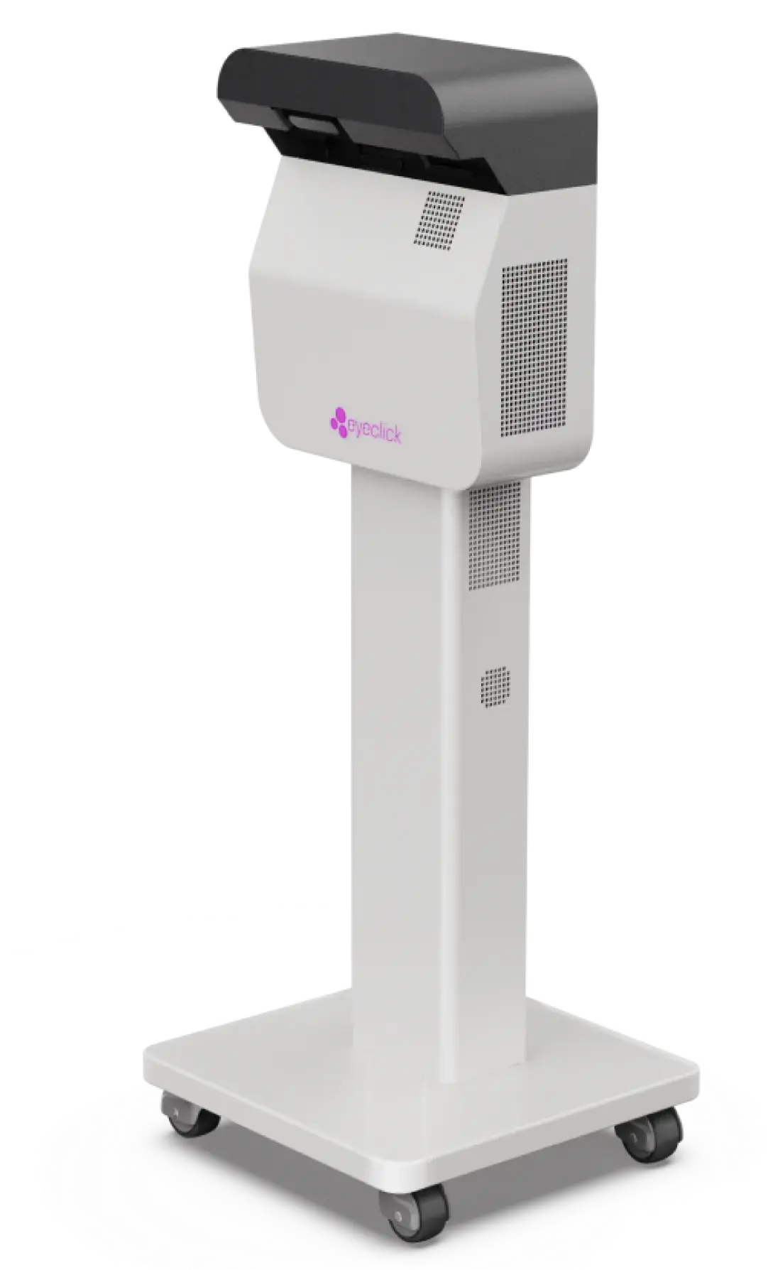 White projector mounted on a white post with a square base and four casters