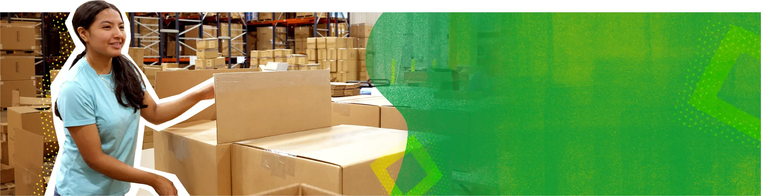 Woman packing boxes in a large warehouse